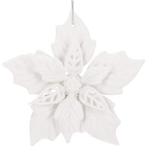 Set 10 flori de Craciun 12 cm, ornamente cu sclipici, plastic, alb