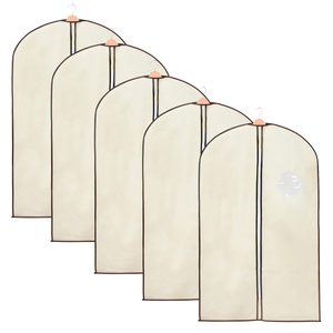 Set 5 huse transport haine, pe umeras, impermeabila cu fereastra, crem, 60x130 cm