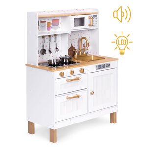 Homelux Bucătărie mare din lemn pentru joacă cu dulapuri cu deschidere LED și 7 accesorii