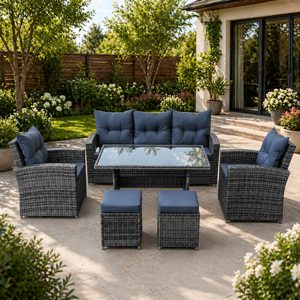 Set mobilier gradina 7 piese, canapea 3 locuri, 2 fotolii, 2 tabureti si masa cu blat sticla, ratan PE, 187x78x85 cm, gri