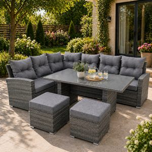 Set mobilier gradina coltar 4 piese, canapea, masa si 2 tabureti, ratan PE, 182x68x68 cm, gri