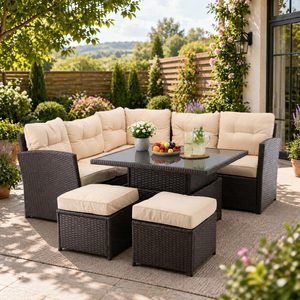 Set mobilier gradina coltar 5 piese, canapea colt, 2 tabureti si masa reglabila pe inaltime, ratan PE, 179x69x73 cm, maro si crem