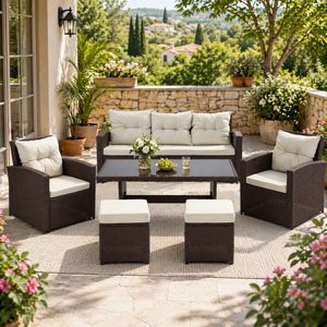 Set mobilier gradina 7 piese, canapea 3 locuri, 2 fotolii, 2 tabureti si masa cu blat de sticla, ratan PE, maro si bej