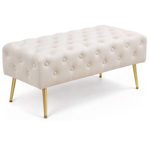 Taburet Monaco, tapitat cu catifea, tip banca, cu picioare metalice, 100x42x41 cm, bej