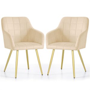 Set 2 scaune dining tapitate cu velur Luxano, cusaturi patrate, picioare aurii, 54x58x82 cm, bej