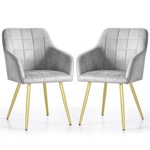 Set 2 scaune dining tapitate cu velur Luxano, cusaturi patrate, picioare aurii, 54x58x82 cm, gri