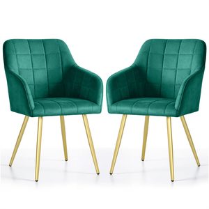 Set 2 scaune dining tapitate cu velur Luxano, cusaturi patrate, picioare aurii, 54x58x82 cm, verde