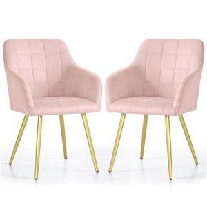 Set 2 scaune dining tapitate cu velur Luxano, cusaturi patrate, picioare aurii, 54x58x82 cm, roz