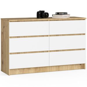 Comoda cu 6 sertare, PAL laminat, 120x40x77 cm, stejar artisan si alb
