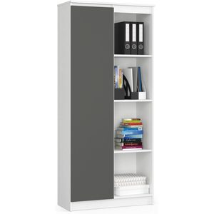 Dulap cu usa si 8 etajere, PAL laminat 16 mm, 80x35x180 cm, alb si gri