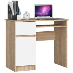 Birou computer PIKSEL, cu sertar, dulap si raft pentru tastatura, stanga, 90x50x77 cm, stejar sonoma si alb
