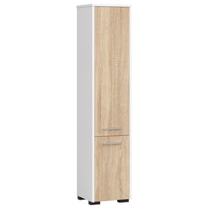 Dulap baie tip coloana cu 2 usi si 5 rafturi, PAL laminat, 30x30x140 cm, alb si stejar sonoma