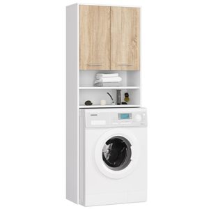 Dulap baie inalt pentru spatiu deasupra masinii de spalat, cu usi si polite, 64x30x180 cm, alb si stejar sonoma