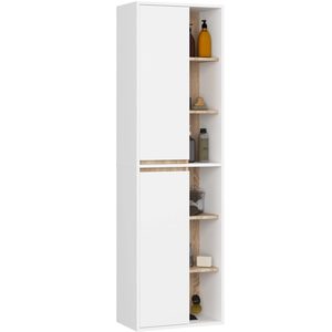 Dulap de baie suspendat cu 2 usi si 6 rafturi, PAL 16 mm, 50x30x170 cm, alb si stejar sonoma