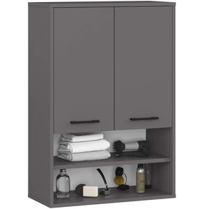 Dulap baie suspendat, cu 2 usi si 2 rafturi deschise, PAL 16 mm, 64x30x94 cm, gri