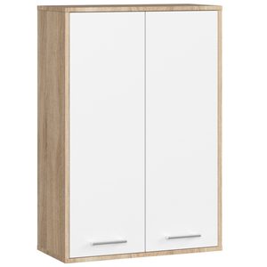 Dulap baie suspendat, cu 2 usi si 4 rafturi interioare, PAL 16 mm, 64x30x94 cm, stejar sonoma si alb
