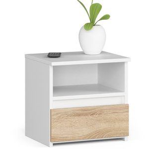 Noptiera cu 1 sertar, PAL laminat 16mm, 40x35x40 cm, alb si stejar sonoma