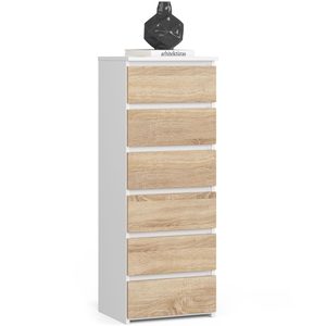 Comoda cu 6 sertare, PAL laminat 16 mm, 40x35x109 cm, alb si stejar sonoma