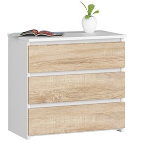 Noptiera cu 3 sertare, PAL laminat 16 mm, 60x35x57 cm, alb si stejar sonoma