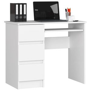 Birou computer cu 3 sertare si raft pentru tastatura, stanga, 90x50x77 cm, alb