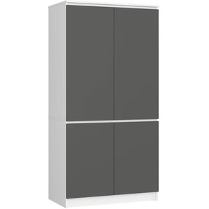Dulap cu 4 usi, rafturi si bara pentru umerase, PAL laminat, 90x51x180 cm, alb si gri grafit