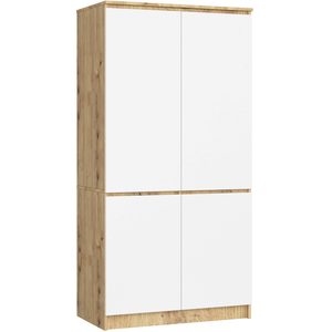Dulap cu 4 usi, rafturi si bara pentru umerase, PAL laminat, 90x51x180 cm, stejar artisan si alb