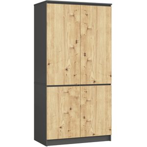 Dulap cu 4 usi, rafturi si bara pentru umerase, PAL laminat, 90x51x180 cm, gri grafit si stejar artisan