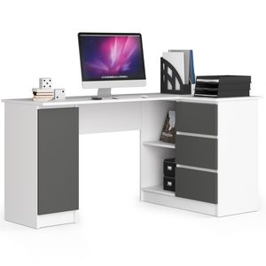 Birou colt dreapta in L cu 3 sertare si rafturi, PAL laminat 16 mm, 155x85x77 cm, alb si gri