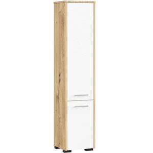 Dulap baie tip coloana cu 2 usi si 5 rafturi, PAL laminat, 30x30x140 cm, stejar artisan si alb
