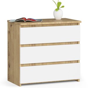 Noptiera cu 3 sertare, PAL laminat 16 mm, 60x35x57 cm, stejar artisan si alb