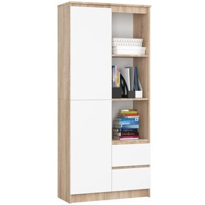 Dulap cu usa, 2 sertare si 7 rafturi, PAL laminat 16 mm, 80x35x180 cm, sonoma si alb