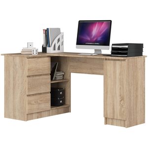 Birou colt stanga in L cu 3 sertare si rafturi, PAL laminat 16 mm, 155x85x77 cm, stejar sonoma