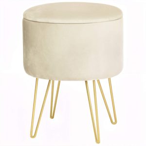 Taburet tapitat rotund Lili cu spatiu de depozitare, velur, 35x35x45 cm, crem