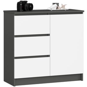 Comoda JERRY cu 3 sertare si dulap cu rafturi, PAL laminat, 80x35x77 cm, gri grafit si alb