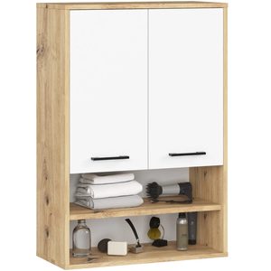 Dulap baie suspendat, cu 2 usi si 2 rafturi deschise, PAL 16 mm, 64x30x94 cm, stejar artisan si alb