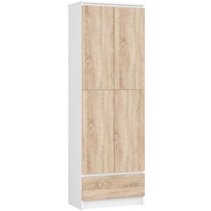 Dulap inchis cu 2 usi si sertar, 4 rafturi, PAL laminat 16 mm, 60x35x180 cm, alb si stejar sonoma