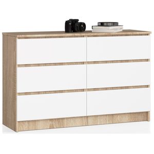 Comoda cu 6 sertare, PAL laminat, 120x40x77 cm, stejar sonoma si alb mat