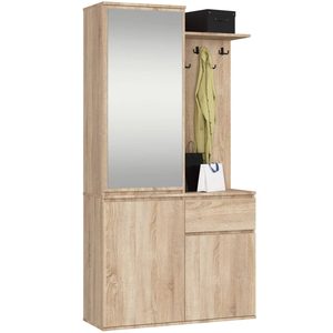 Set hol Entro cu oglinda, cuier si spatii de depozitare, PAL laminat 16 mm, 95x35x183 cm, stejar sonoma
