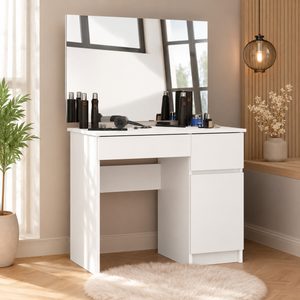 Masa de toaleta si machiaj cu oglinda mare, 2 sertare si dulap, PAL laminat 16 mm, 90x50x142 cm, alba