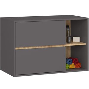 Etajera de baie suspendata, cu 2 sertare, PAL 16 mm, 90x46x60 cm, gri si stejar artisan