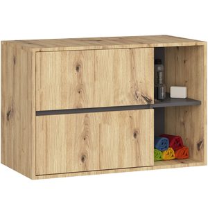 Etajera de baie suspendata, cu 2 sertare, PAL 16 mm, 90x46x60 cm, stejar artisan si gri