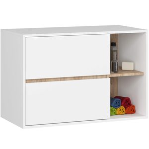 Etajera de baie suspendata, cu 2 sertare, PAL 16 mm, 90x46x60 cm, alb si stejar sonoma