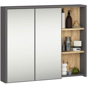 Dulap de baie suspendat cu oglinda, 2 usi si 3 rafturi interioare, PAL 16 mm, 90x15x75 cm, gri si stejar artisan