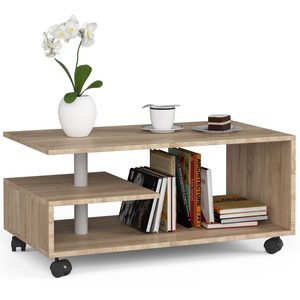 Masuta de cafea Vini pe roti, cu raft inferior si blat din PAL laminat, 90x51x40 cm, stejar sonoma