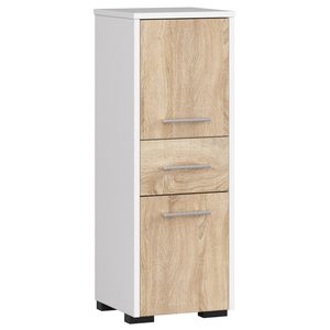 Dulap de baie tip baza, cu 2 usi si sertar, PAL 16 mm, 30x30x85 cm, alb si stejar sonoma