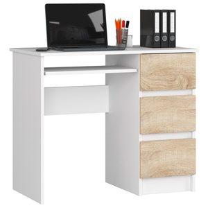 Birou computer cu 3 sertare si raft pentru tastatura, dreapta, 90x50x77 cm, alb si stejar sonoma