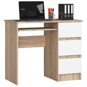 Birou computer cu 3 sertare si raft pentru tastatura, dreapta, 90x50x77 cm, stejar sonoma si alb