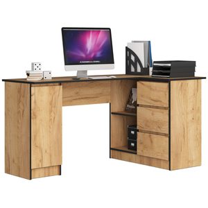 Birou colt dreapta in L cu 3 sertare si rafturi, PAL laminat 16 mm, 155x85x77 cm, stejar craft