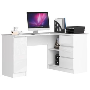 Birou colt dreapta in L cu 3 sertare si rafturi, fronturi din MDF lucios, 155x85x77 cm, alb lucios