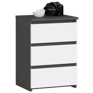 Noptiera cu 3 sertare, PAL laminat 16 mm, 40x35x57 cm, gri grafit si alb